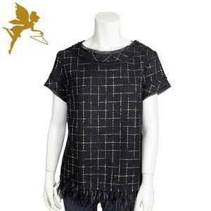 SARA CAMPBELL Metallic Windowpane Feather Trim Top